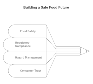 "Illustration of a pencil with four labeled segments representing key aspects of food safety: Food Safety, Regulatory Compliance, Hazard Management, and Consumer Trust, under the title 'Building a Safe Food Future'."